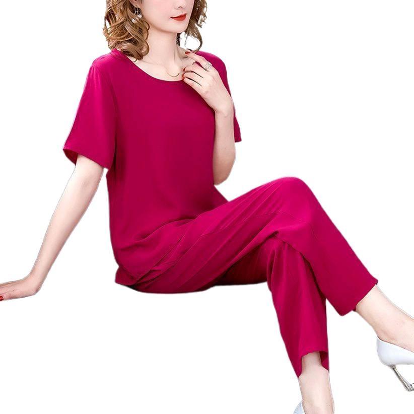 Summer Cotton Silk Women's Loose Two-Piece Set: Solid Color Short Sleeve Top and Long Pants, Plus Size Casual Wear.
