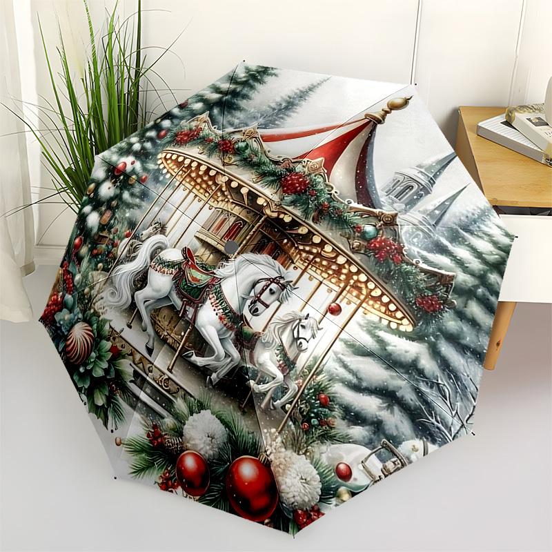 1 Stück Weihnachtskarussell Automatischer Aufklappbarer Regenschirm, 8 Speichen Eisenrahmen, Outdoor-Regenschirm für Fans, Reisende, Täglichen Gebrauch, Festliches Geschenk.N072