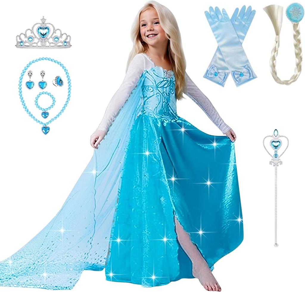 EKALA Luxurious Ice Blue Dress Costume Set Heart Magic and Braided Kids' 8-Piece (Princess Dress, Tiara, Wand, Gloves, Necklace, Ring, Earrings, Wig)