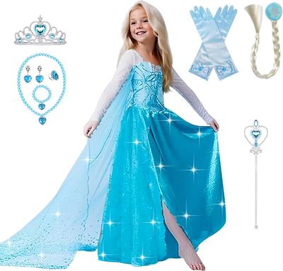 EKALA Kids' Luxurious 8-Piece Ice Blue Dress Costume Set (Princess Dress, Heart Tiara, Magic Wand, Gloves, Necklace, Ring, Earrings, and Braided Wig)