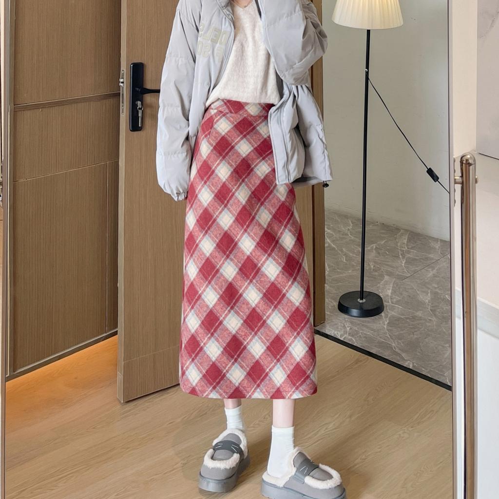 Woolen Hip Skirt Autumn and Winter New Long Skirt for Women All-match High Waist Slim A-line Retro Oblique Plaid Plaid Skirt