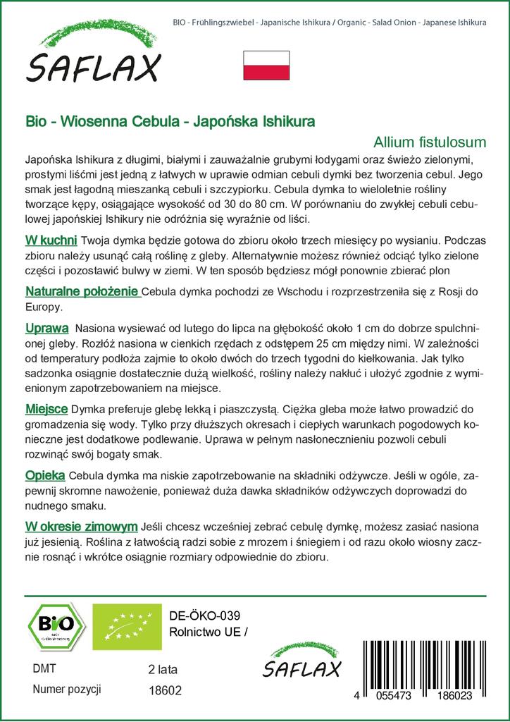 SAFLAX Garden In the Bag - Organic - Salad Onion - Japanese Ishikura - 150 Seeds - With Substrate In a Fitting Stand Up Bag - Allium Fistulosum