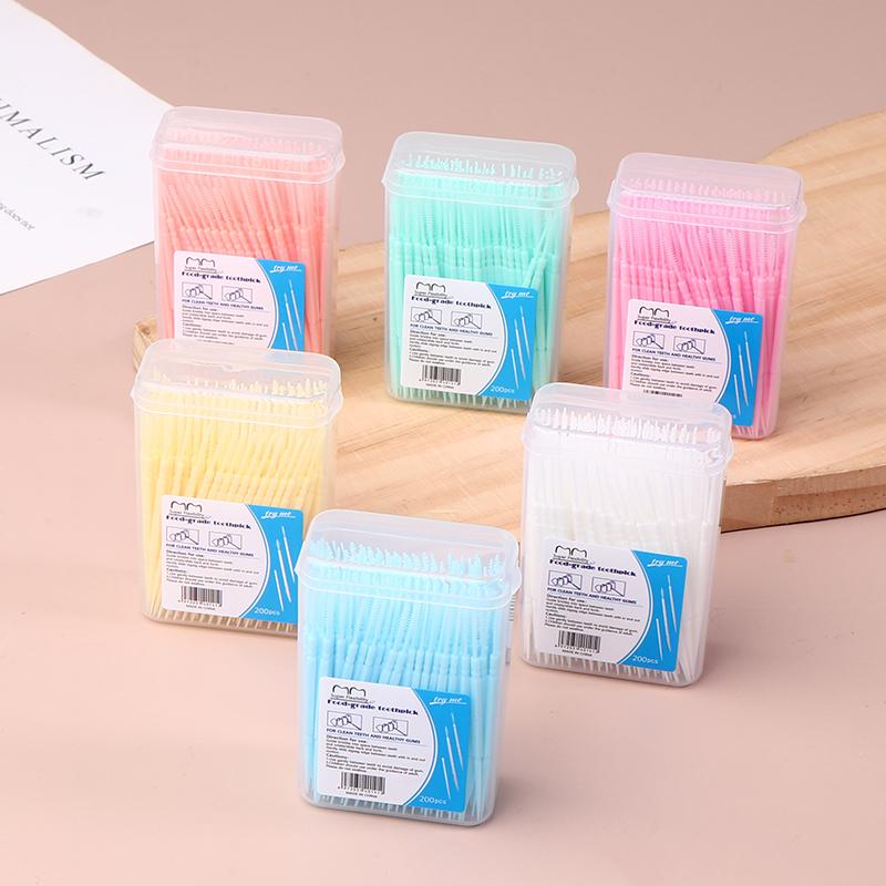 200 Boxed Plastic Toothpicks Disposable Household Bulk Interdental Brush Toothpick Line