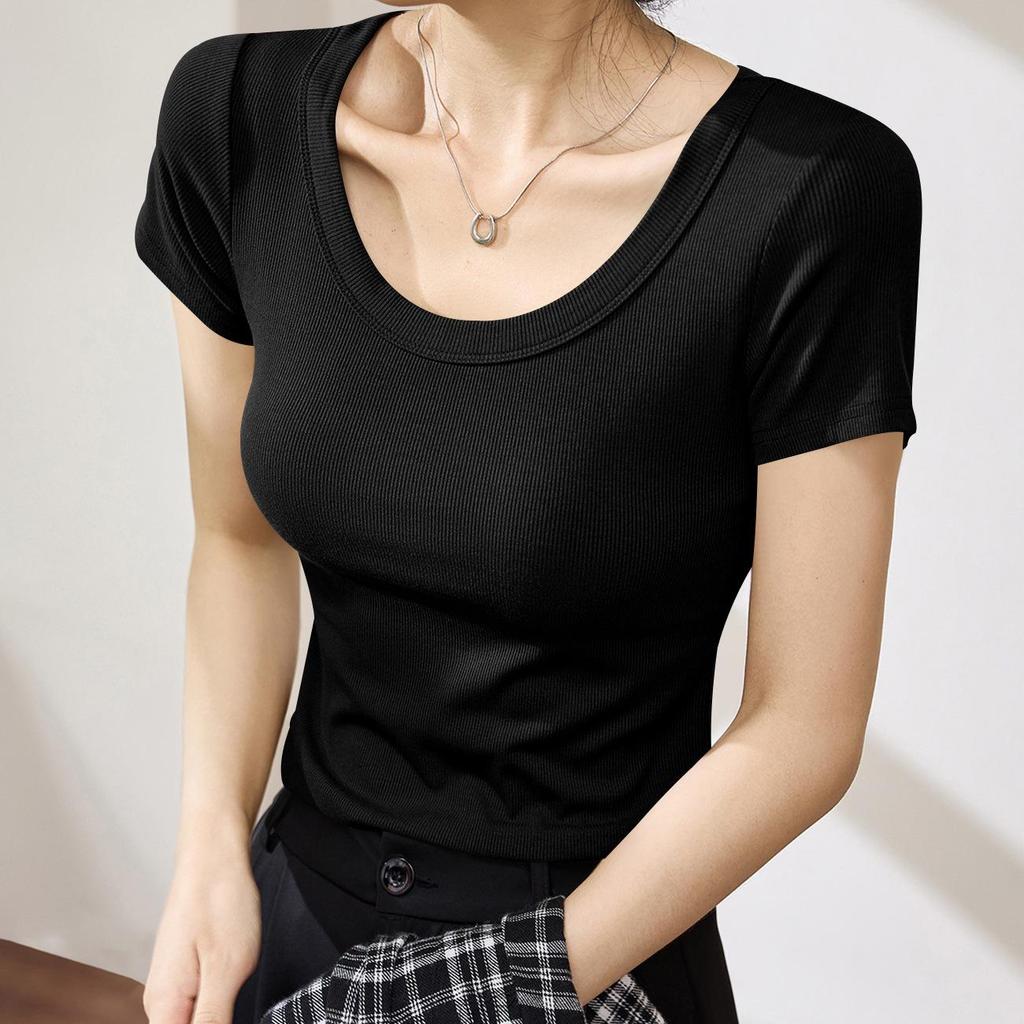Women's Straight Shoulder Threaded T-Shirt: Slimming, Short Sleeve, Elegant New Summer 2025 Fashion Top, Perfect Underlayer.