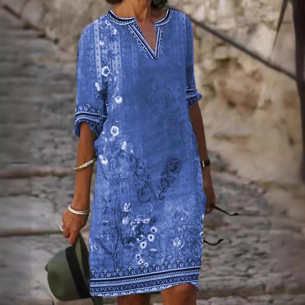 Spring and Summer Women's New Printed V-neck Dress Temperament Commuting