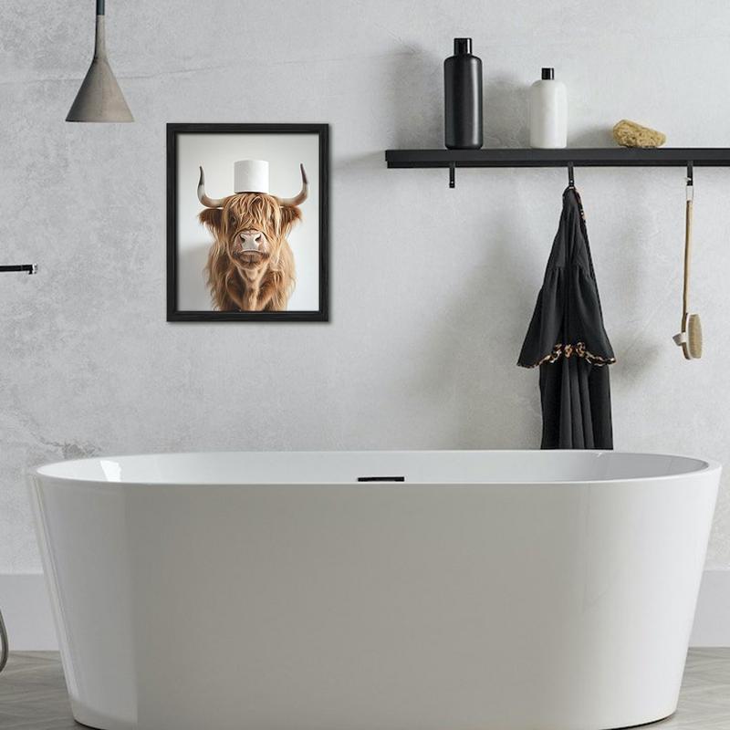 Tin Sign Scottish Highland Cow In Toilet Reading Newspaper Bathroom Humour, Funny Bathroom Toilet Whimsy Animal Sign