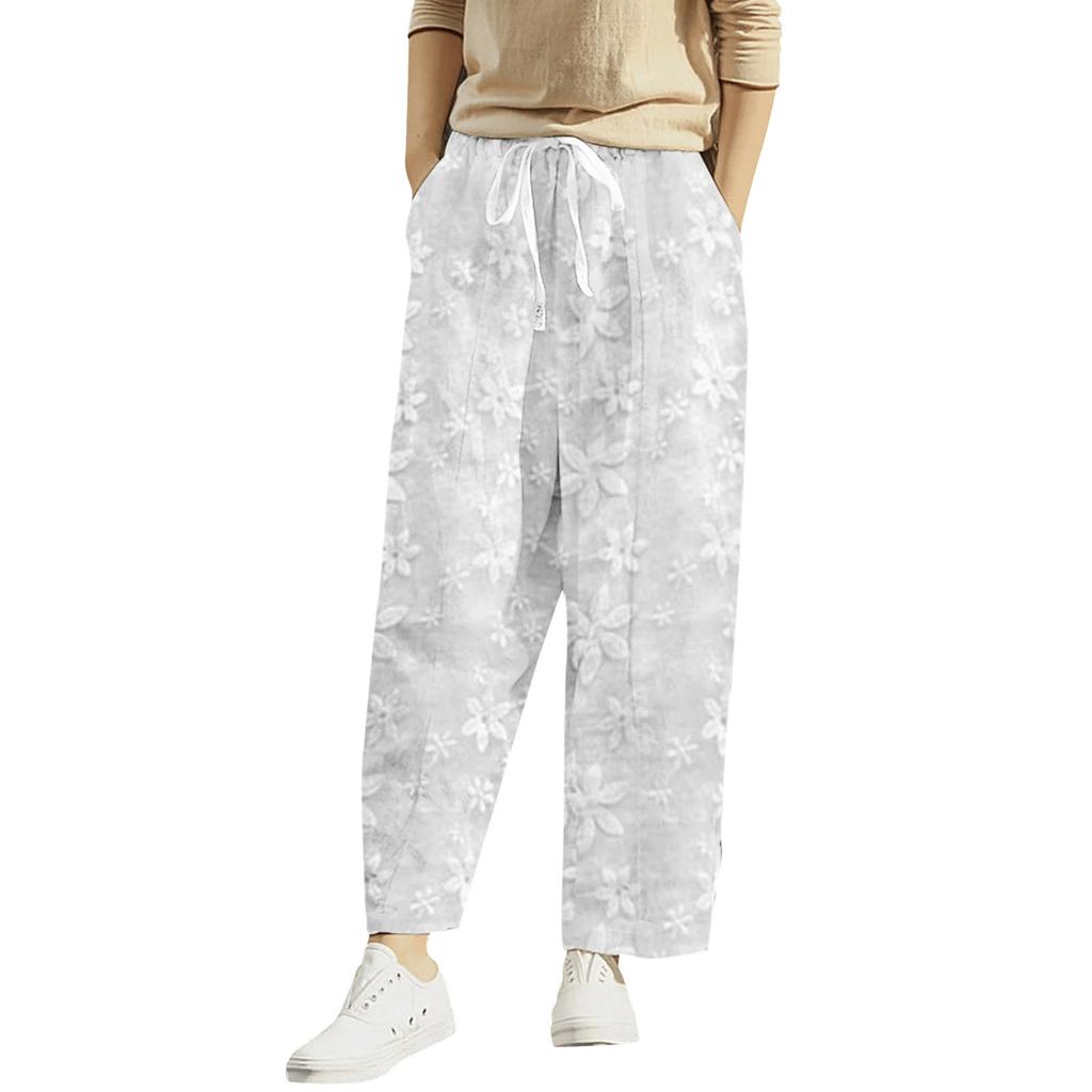 Women's Long Pants Elastic High Waist Wide-Leg Trousers Elegant Embroidered Cotton Linen Pants