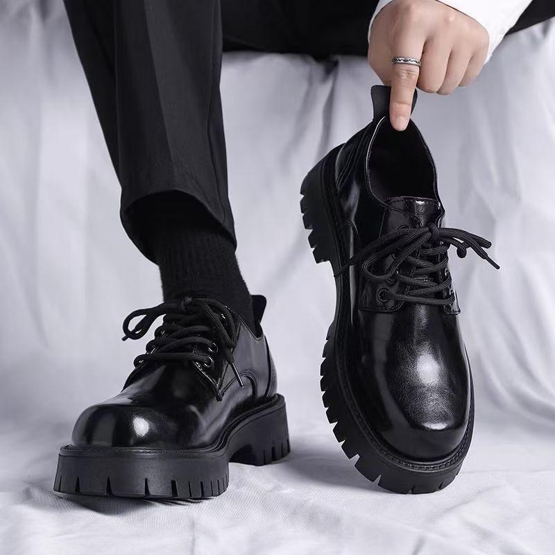 Shoes for Men Fashion Platform Leather Shoes British Style Casual Round Head Derby Shoe Black Trend Men Shoes Zapatillas Hombre