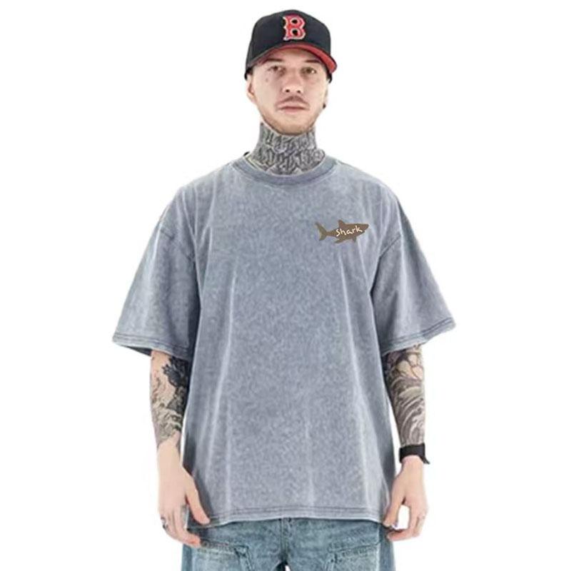 Unisexs Summer Shortsleeved Washed Vintage G Cotton Shirt with Fish Pattern Pure Cotton Casual and Loose Tshirt