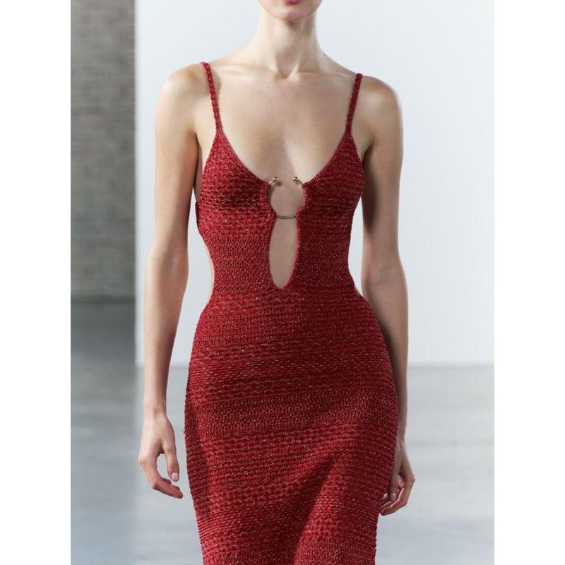 Za2024 Summer New Product Women's Clothes Waist Slim Looking Opening Design Buckle Decoration Knitting Dress 2756023