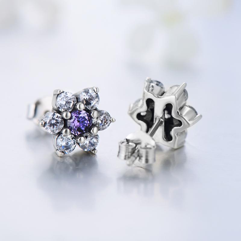 Modian 925 Sterling Silver Flower Purple Crystal Stud Earrings Fashion CZ for Women Wedding Jewelry Gift