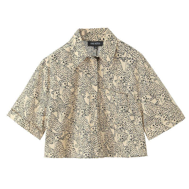 Fashion Style Summer New Women's Clothing Animal Pattern Printing Lapel Short Sleeve Short Shirt Mid Waist Shorts 8209035