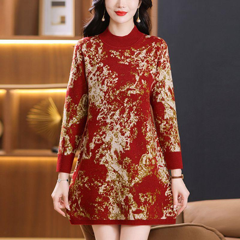 Mid-length Knitted Dress Loose Large-sized Floral Mid-length Sweater for Women Autumn and Winter Casual Long-sleeved Pullover