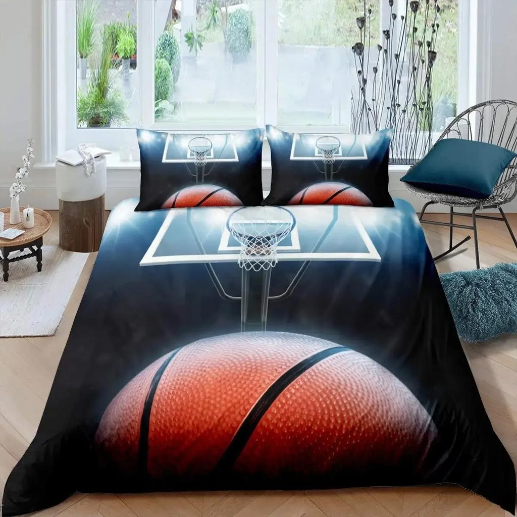 Basketball Duvet Cover Set Black 3D Ball Sports Theme Bedding Set Microfiber Basketball Court Competitive Games King Quilt Cover
