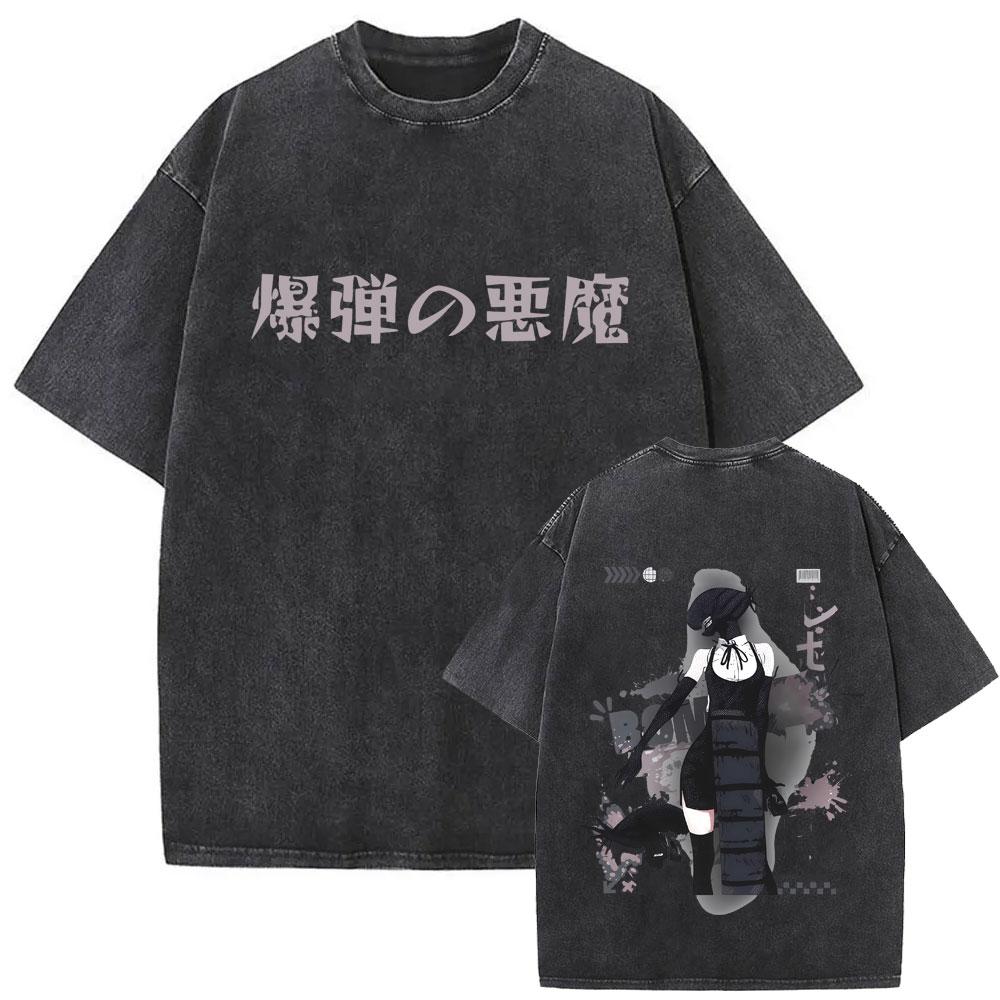 Japanese Anime Chainsaw Man Washed Vintage Print Tshirt Cartoon Reze Graphic T Shirt Men Women Manga Casual Oversized T Shirts