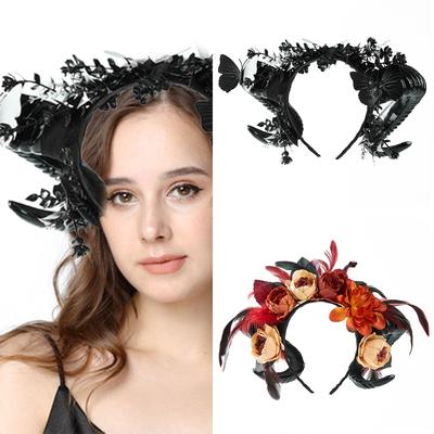 Halloween Dark Rose Floral Sheep Horn Headpiece Elegant Gothic Hairband For Cosplays Concerts And Daily Wear
