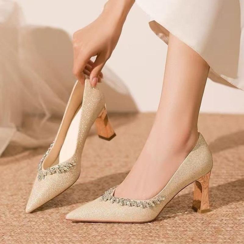 Fashion New French Sparkle Rhinestone Temperament Small Pointed Toe Thin Heel Shallow Wedding Shoes High-heeled Women's Shoes