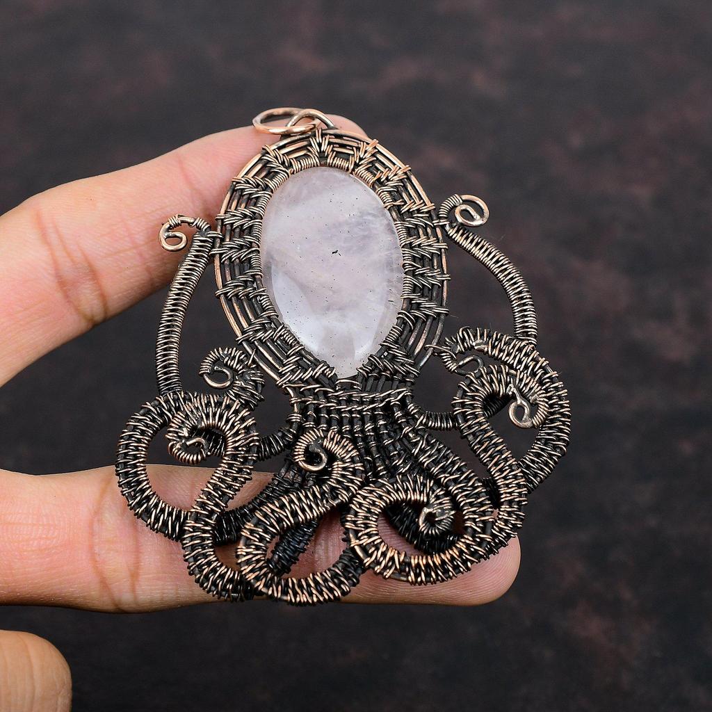 Rose Quartz Pendant Copper Wire Wrapped Pendant Octopus Pendant Real Gemstone Pendant Handmade Copper Jewelry Gift For Him Wire Wrap Jewelry