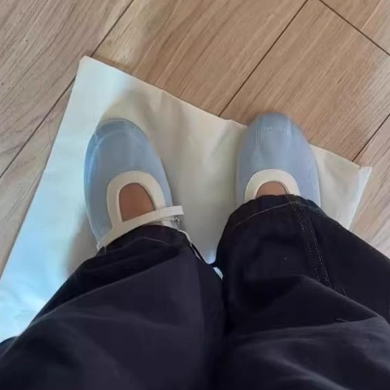 Soft Leather Edition~ Retro Round Head Velcro Flat Ballet Shoes Fashion Versatile Blue Light Mouth Mary Jane Single Shoes