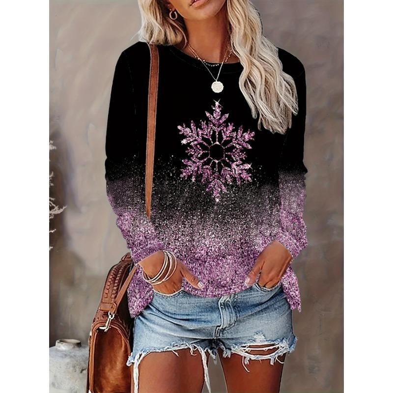 Christmas Theme Snowflake 3D Print O-Neck Long Sleeve T-Shirt Fashion Women Clothing Casual Y2k Clothes Harajuku Female Clothing