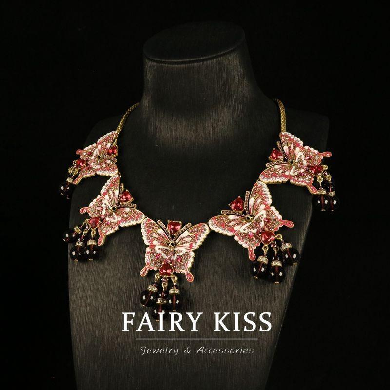 Palace Style Handmade Enamel Heavy Industry Exquisite Butterfly Necklace Set, Densely Inlaid with Diamond High-end Jewelry