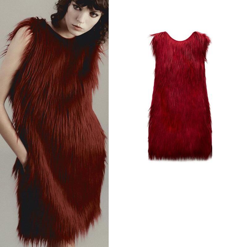 Fall and Winter New Women's Clothing Fashion Style round Neck Sleeveless Artificial Fur Effect Short Dress 3692962