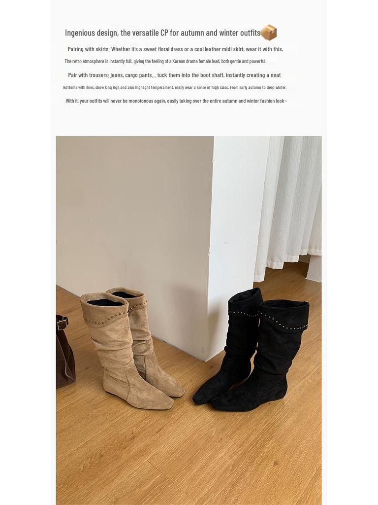 Lammleder Französische Nische Spitz Zehen Keilabsatz Slouch Cowboy Stiefel Damen 2025 Hohe Stiefeletten