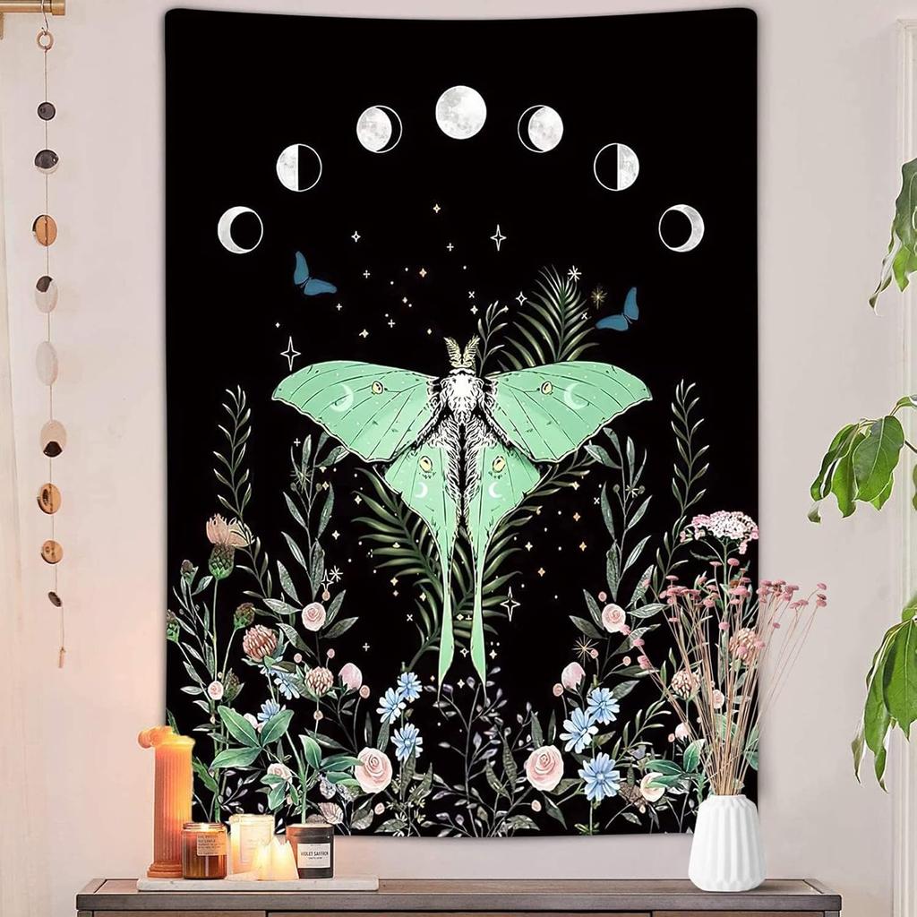 Floral Moth Moon Vertical Tapestry, Aesthetic Flower Black Witchy Tarot Decor Tapestry Wall Hanging For Girls Bedroom