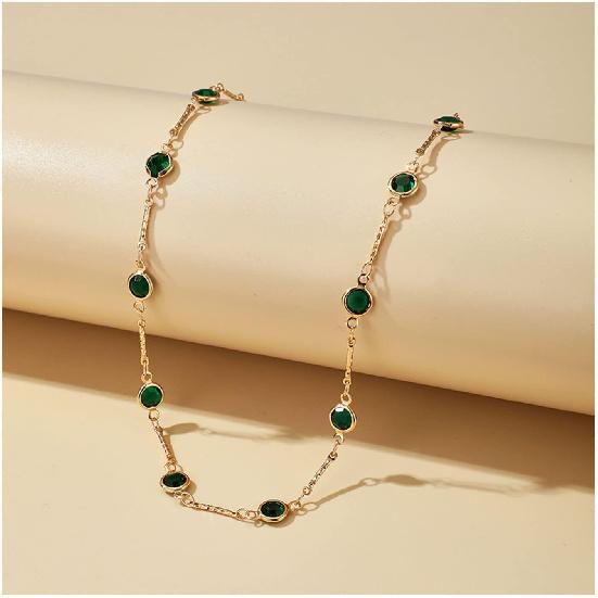 MIFYNN 18K Gold Plated Chain Choker Necklace Dainty Charm Emerald Cubic Zircon turquoise Gold Paperclip Chain Necklaces Green Rhinestone Chain