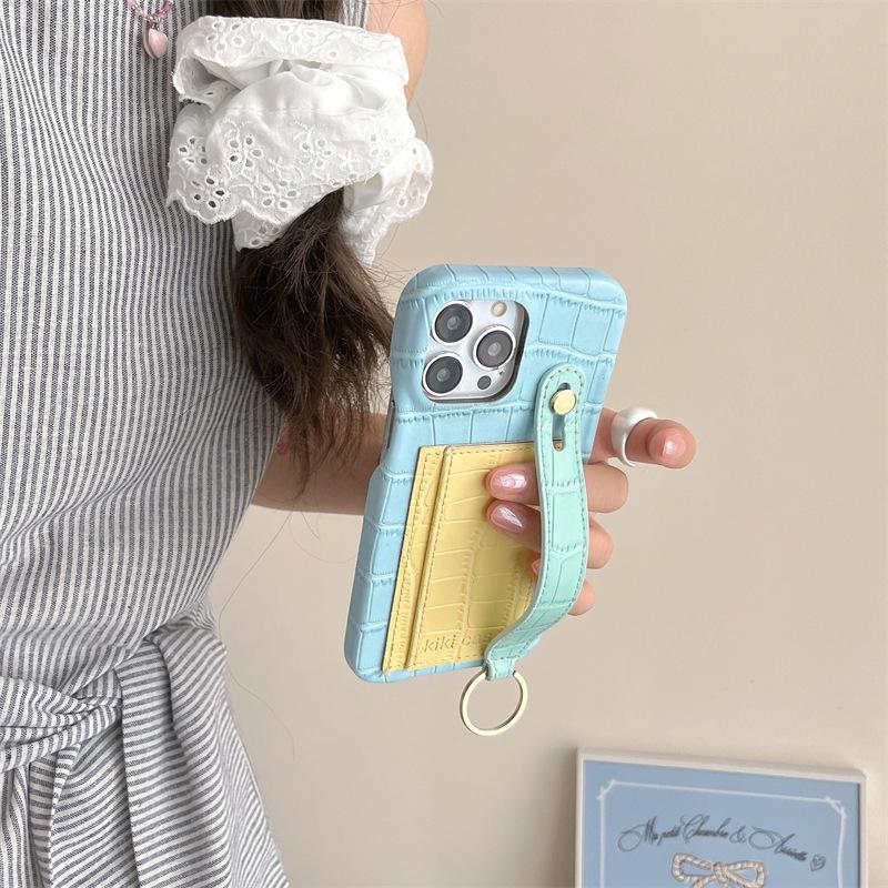 Portacarte con Motivo in Pelle di Coccodrillo Color-Block con Laccetto da Polso Compatibile con iPhone 16 Pro Max Custodia per Telefono Apple 15 14 Custodia Rigida 13 per Donna