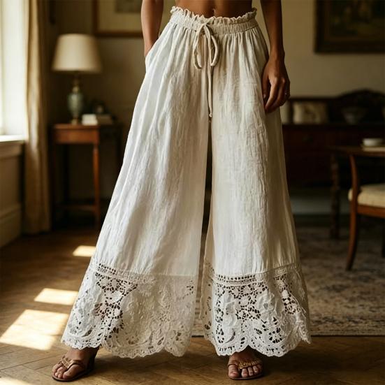 Women Pants Drawstring Adjustable Waistband High Waist Summer Pants Pure Color Loose Fit