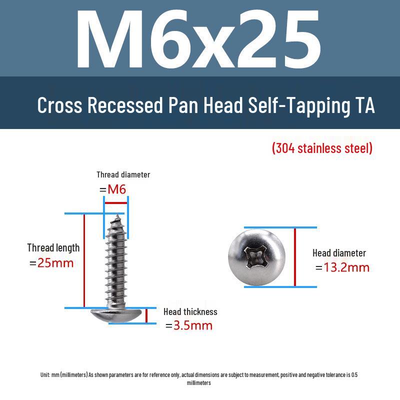 304 Stainless Steel Large Flat Head Self-Tapping Screws, TA Umbrella Head, Pointed Tail, M2-