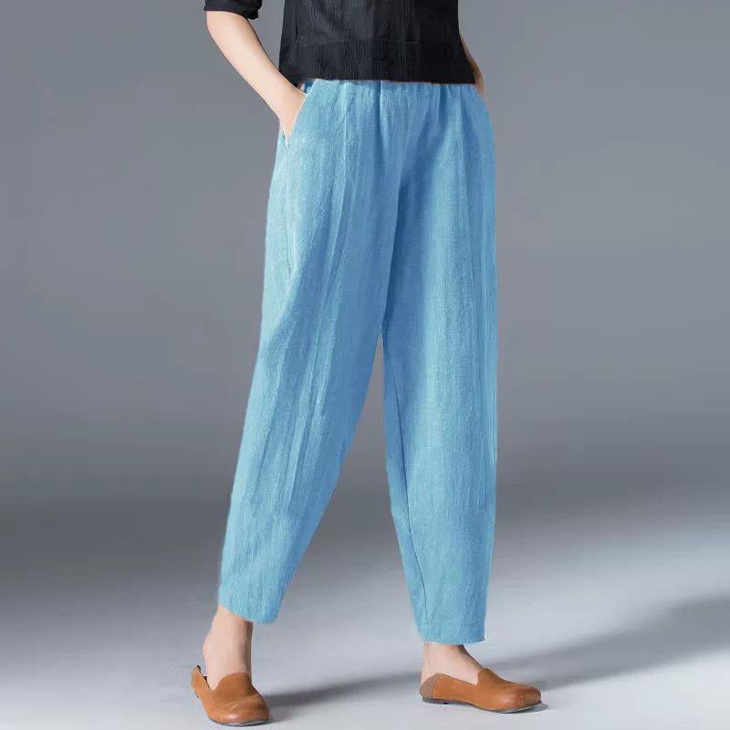 Women's Baggy Pants Cotton Linen Wide Leg Trousers Casual Elastic Waist Patchwark Harem Pants