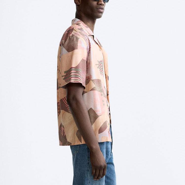 Zara Color Block Comfortable Loose Lightweight Short Sleeve Shirt Men Shirts Pink 4416021-620