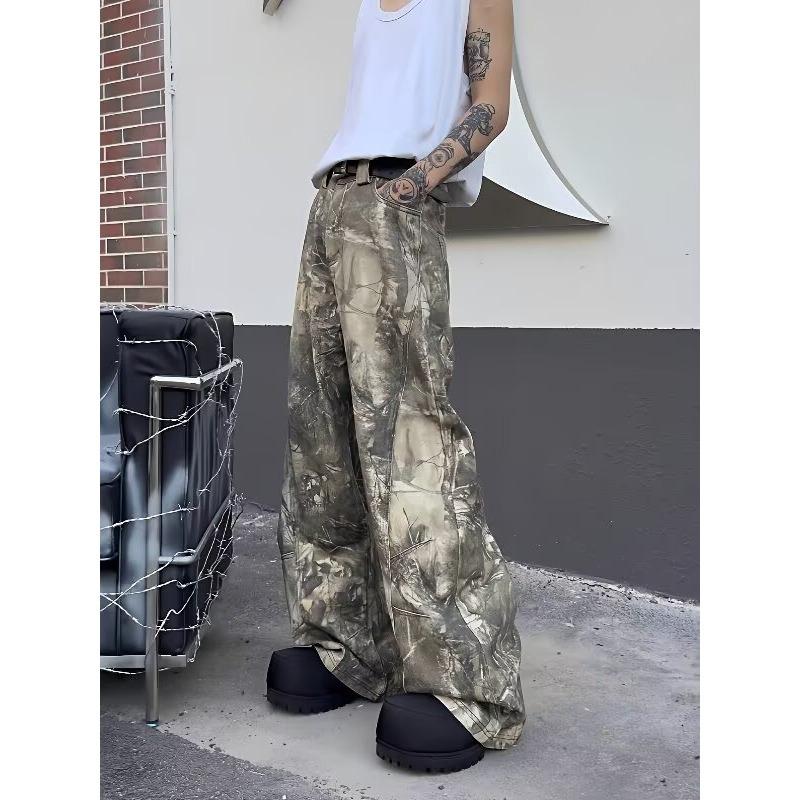 American Retro Snake Branch Camouflage Jeans Washed Retro Vintage Loose Wide Leg Casual Trousers Tide