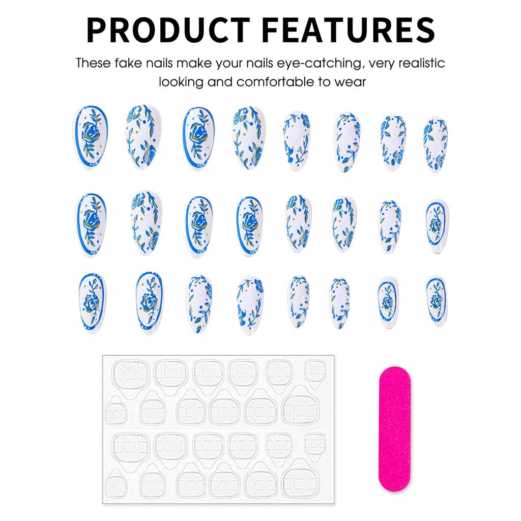 White Press On Nails with Blue Flower Print Chip-Proof Smudge-Proof Fake Nails for Shopping Traveling Dating
