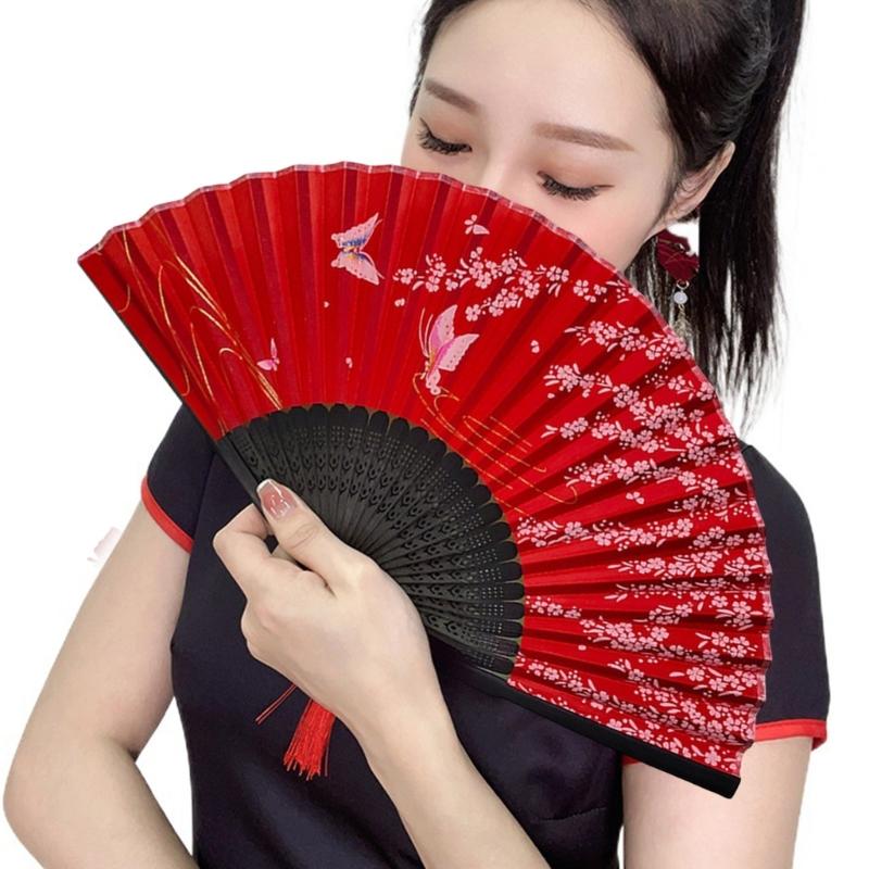 Éventail traditionnel chinois vintage avec pompons Éventail pliant portable Éventail de danse pour femmes Mariages Bals de fin d'études Photographie