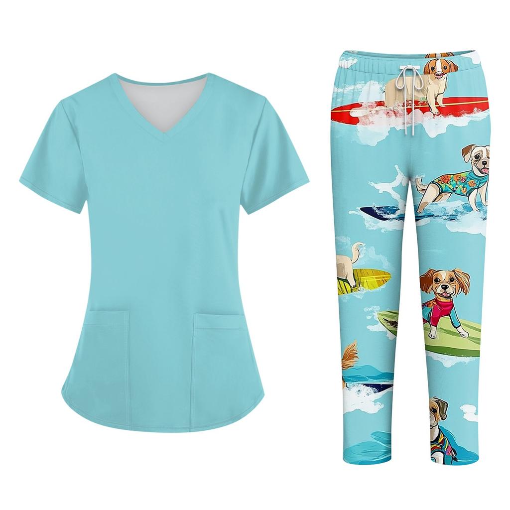 Bedruckte Oberteile für die Arbeitsuniform in Übergröße für Damen, V-Ausschnitt, Halloween-Aufdruck, kurzärmliges Fun-T-Shirt, Workwear-T-Shirt mit Taschen