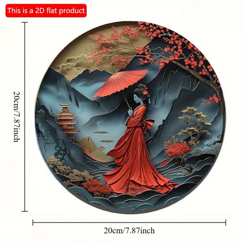 2d Flat 20*20cm, Round Wooden Wall Sign, Japanese Kimono Decorative Art for Door Decor Room Decor, Home Decor with Modern Style.