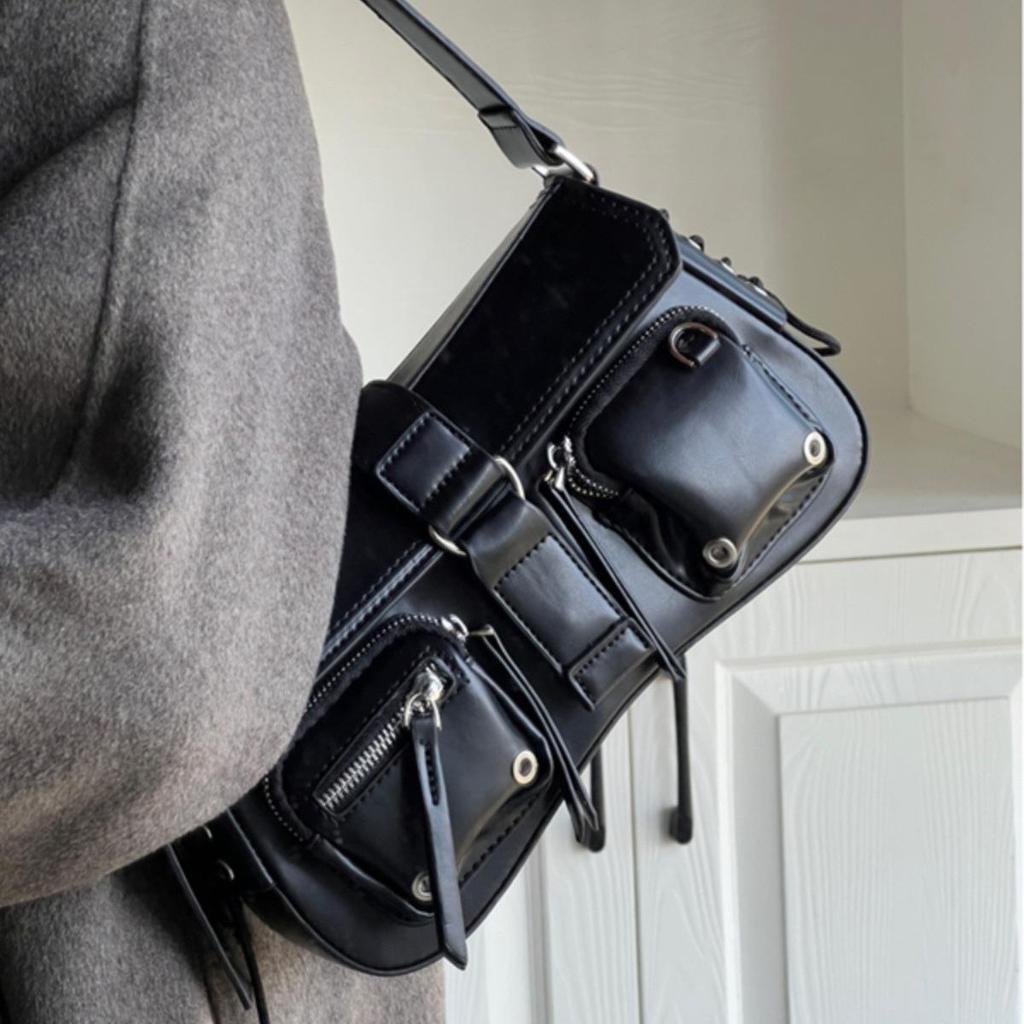 Trendy 2024 Textured Baguette Motorcycle Shoulder Bag for Women