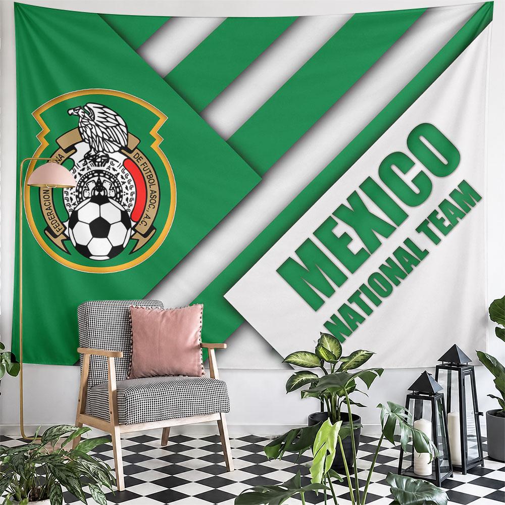 Green diagonal stripes with Mexico's national soccer team logo and text. Patterned tapestry for bedroom and living room home decor
