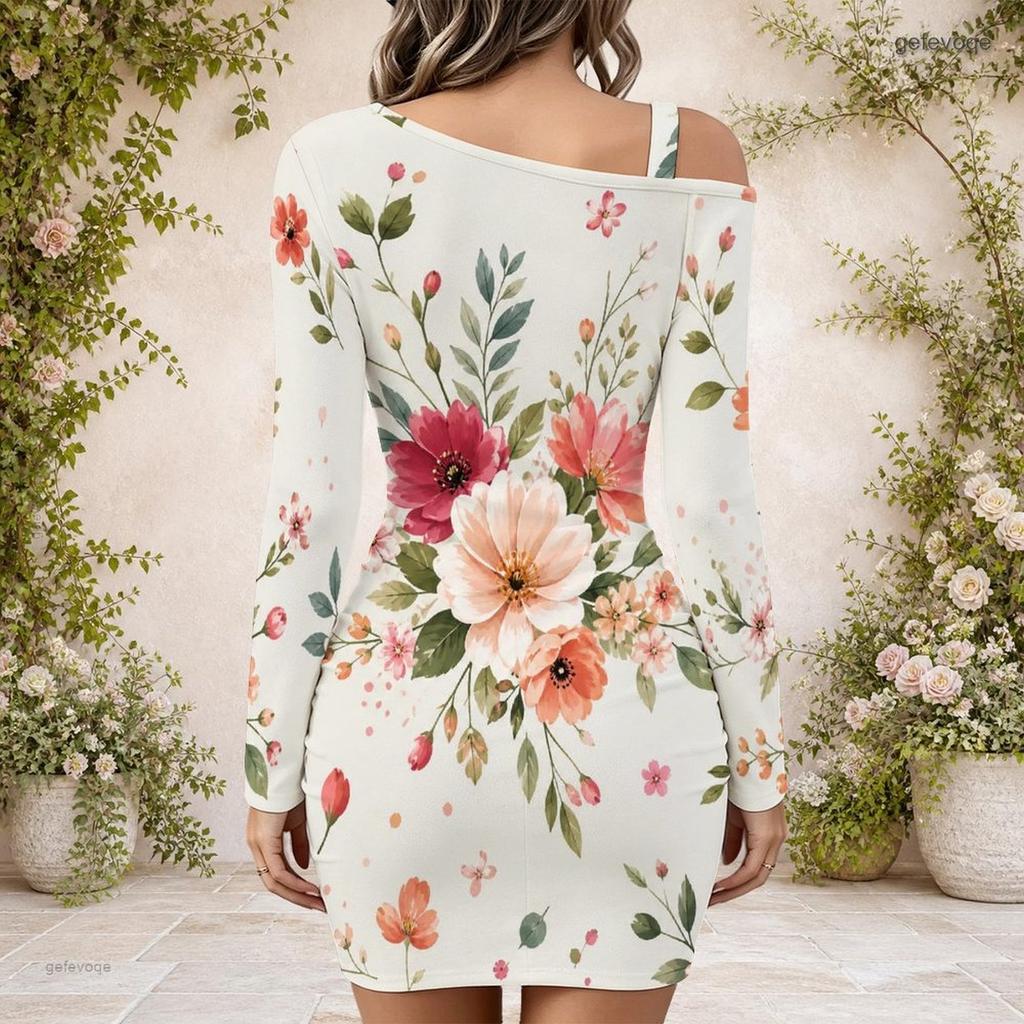 Plus Size Ladies Slanted Off Shoulder Long Sleeve A Line Dress
