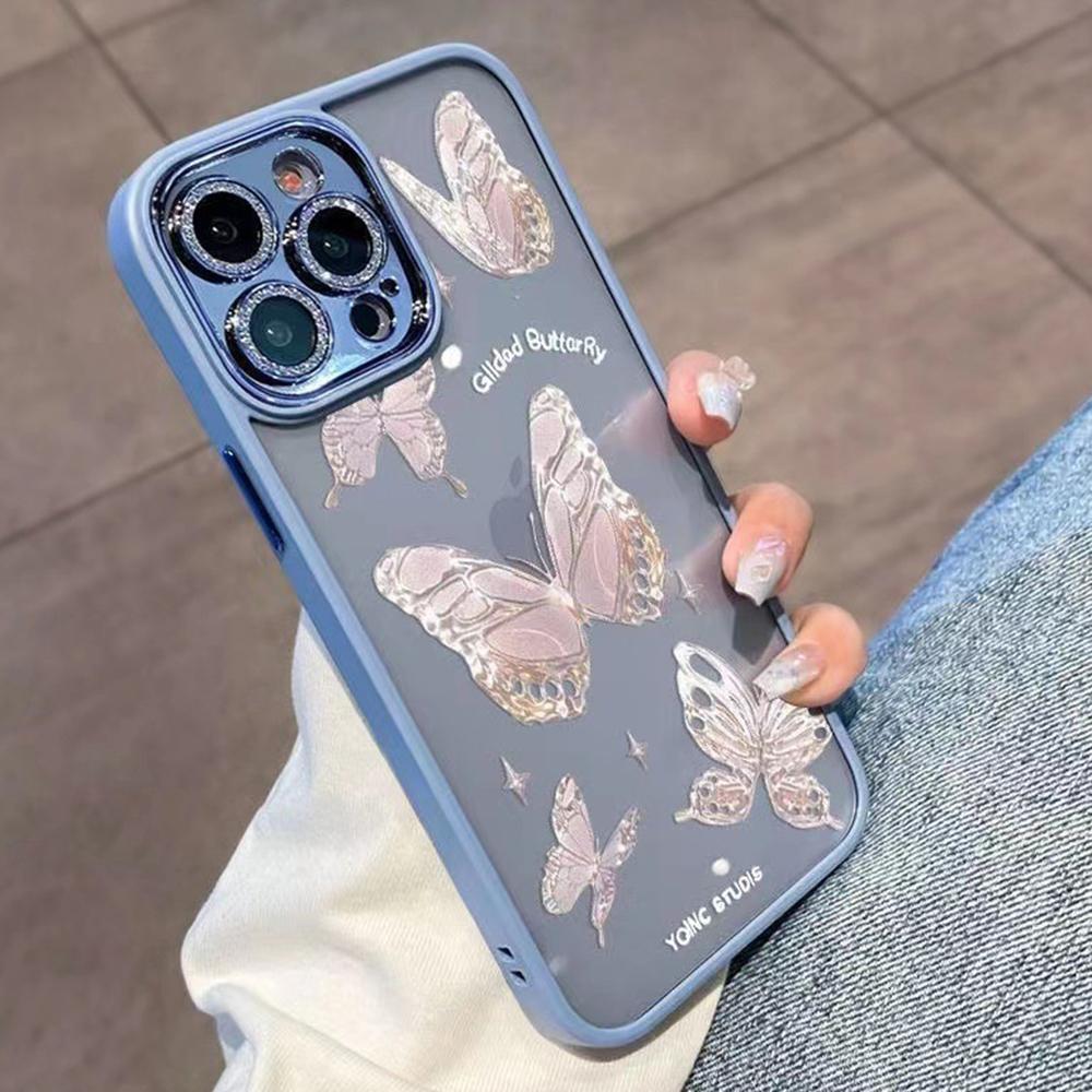 

For iPhone 13 Pro Max Dustproof Glass+TPU Phone Case Platinum Butterfly Glittery Powder Decor Shell Blue