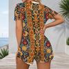 Women Plus Size Printed V Neck Short Sleeve Button Front Romper White Green Orange