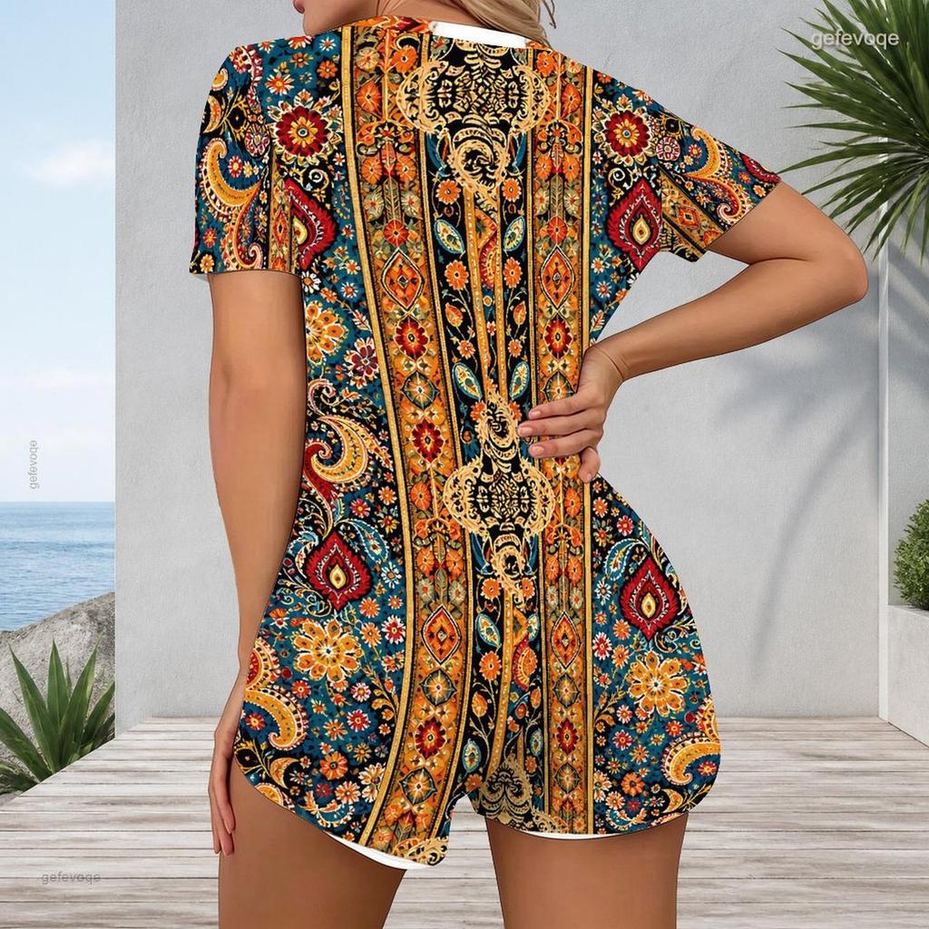 Women Plus Size Printed V Neck Short Sleeve Button Front Romper White Green Orange
