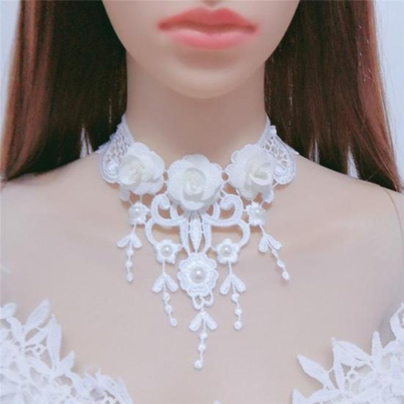 Women Party Necklace Hollow Out Lace Faux Pearl Decor Tassel Prom Cosplay Halloween Carnival Choker Wedding Performance Neck Jewelry