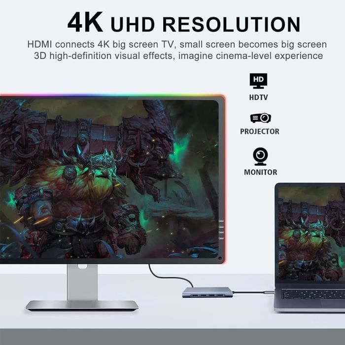 USB-C To HDMI 4K and VGA Adapter with USB 3.0 Port, PD 100W, Ethernet, SD-TF Card Reader, 11-in-1 Hub for MacBook Air-Pro