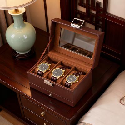 3-Sleuven Horloge Display Case Dubbellaags PU Leer Horloge Opberg Organizer met Transparante Bovenkant Bruin