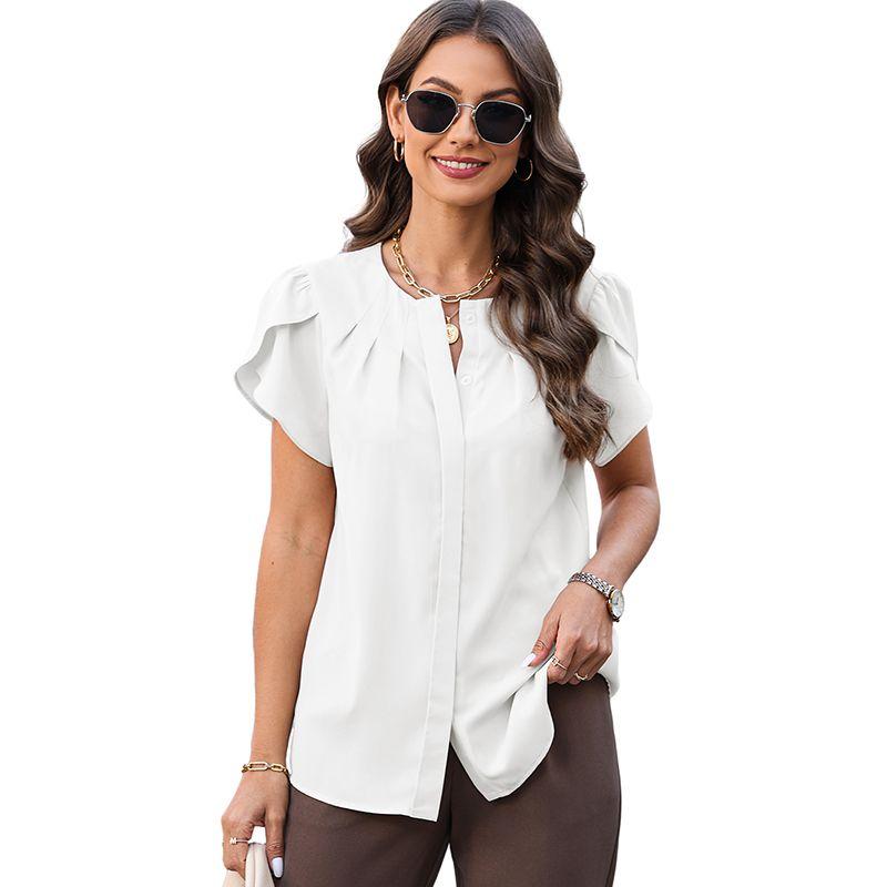 

American Acelitt Elegant Commuter s All-Matching round Neck Shirt Women s Summer Pure Color Minimalist Single-Breasted Short Sleeve Tops White XL