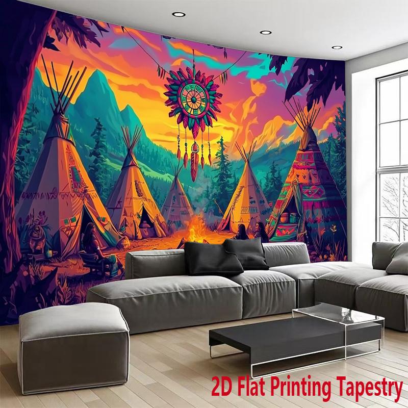 Tribal Campfire Pattern Digital Printing Polyester Wall Tapestry Suitable For Use In Living Rooms Bedrooms Offices Bars Party